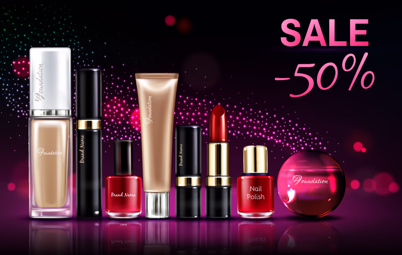 Cosmetics sale banner - Makeup products collection